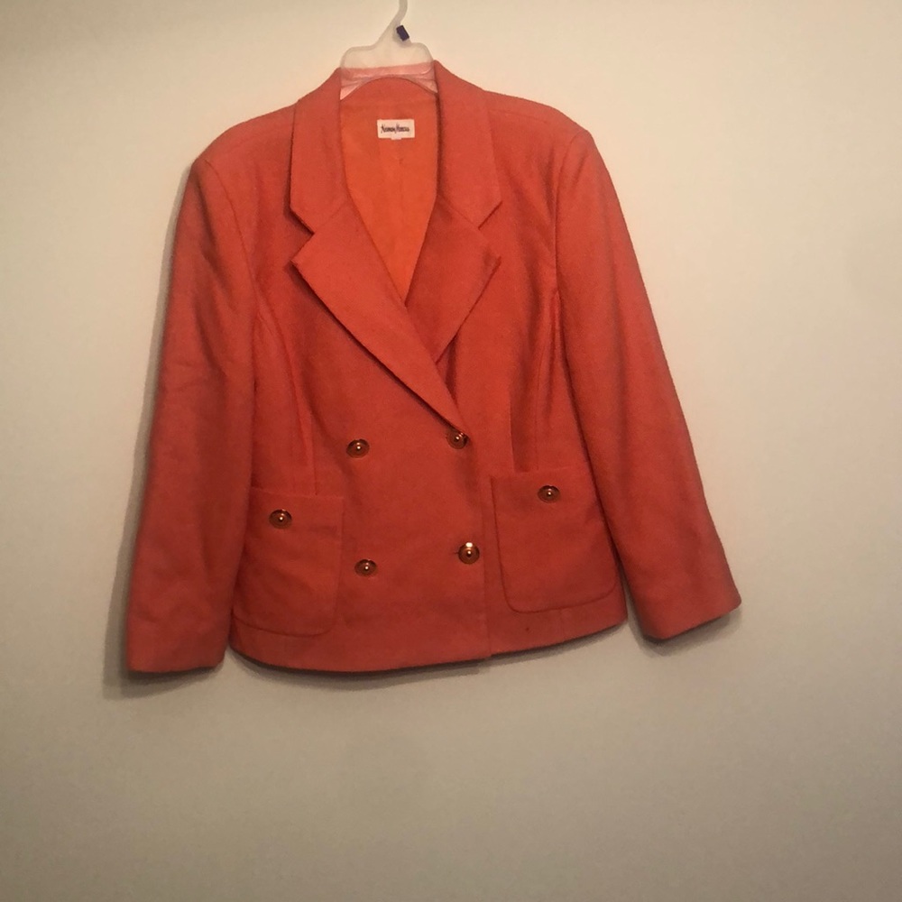 Vintage Neiman Marcus soft orange blazer, size 12 with orange/gold buttons.